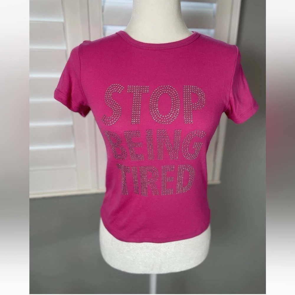 NEW Alani Nu Hot Pink Bling Rhinestone Baby T Shirt Top Stop Being‎ Tired Size S